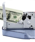 On The Go Money Counter Portable Bill Counter counting bills, gray unit with open cash tray