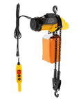 Rock Solid 1300W Electric Chain Hoist, 2200 Lb Capacity Heavy Duty Lifting Workhorse With Pure Copper Motor, Dual Steel Chains, 10 Ft Lift Height, Wired Remote Control For Warehouse, Garage And Real Jobsites, powered with yellow wired remote.