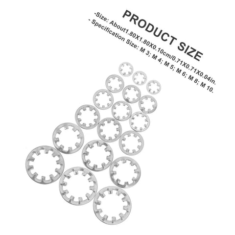 Internal Tooth Lock Washers Stainless Steel 300 Piece Star Shaped Fasteners Kit sizes displayed on white background