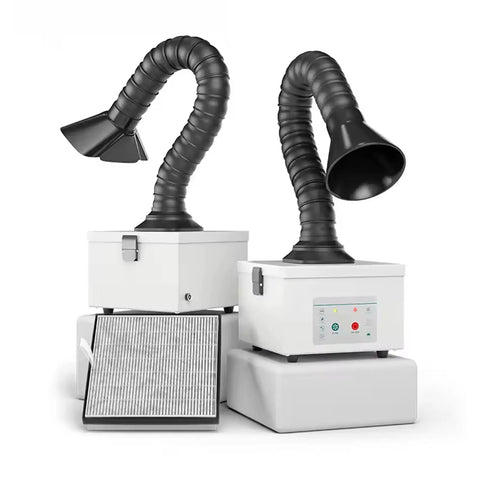 Top Shelf Solder Fume Extractor With Dual Layer Activated Carbon Filter, dual flexible hoses, compact design for clean air.