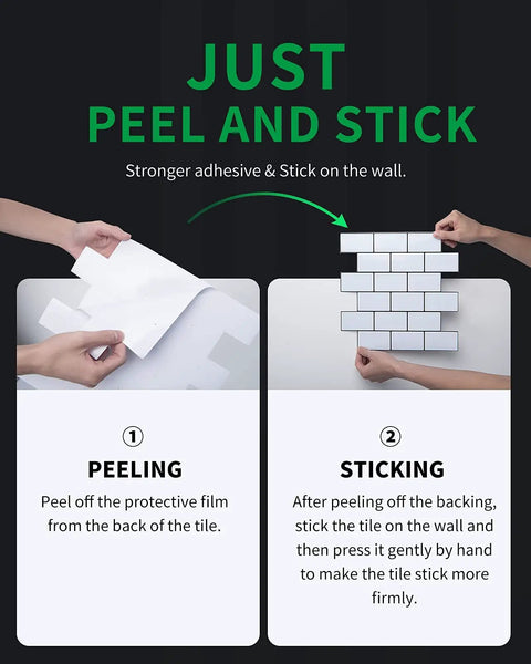 Demonstration of applying Premium Thicker Design Peel And Stick Tile For Kitchen Backsplash with 3X stronger adhesive.