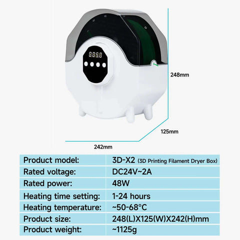 Upgraded 360 Degree Heated Filament Dryer Box For 1 Kg Spools With Adjustable 0-24 Hour Timer And Three Temperature Settings Up To 70 Degrees