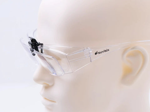 Killer Flip Up Magnifying Safety Goggles Plus Two Point Zero Power With Snap Off Reader Lens For Heavy Duty Workshop Jobs And Home Upgrade Projects No Sweat Eye Protection Gear on mannequin head.