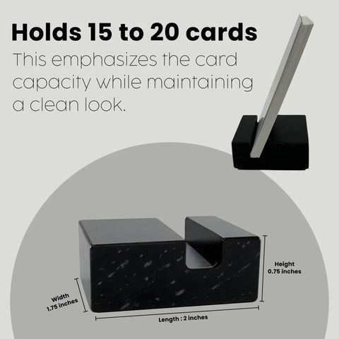 Black Granite Handmade Vertical Card Holder for Desk Holds Up to 20 Visiting Cards Desktop Stand shown with card capacity chart.