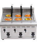 Commercial Stainless Steel Six Hole Gas Pasta Cooker With Hose Low Pressure Valve And Mesh Filters Straight Up Solid Noodle Boiler Dumplings Soup Stock Pot Essentials with soup in pots.