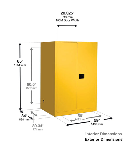 Built Like A Tank American Made 110 Gallon Flammable Liquid Storage Cabinet With Manual Close Fireproof Door dimensions in yellow 65 inches tall.