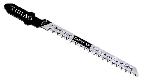 Close-up of T101AO blade from T Shank Jigsaw Blades Set 20 Pieces T101AO With Case For Woodworking DIY Curved And Scroll Cuts 3 Inch 20 TPI