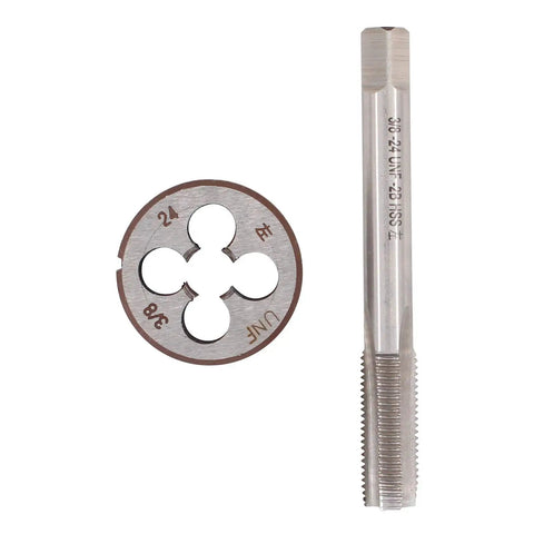 Left Hand Thread Tap And Die Set 3/8 24 UNF In High Speed Steel for thread repair, showing 1 tap and 1 die
