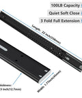 10 Pair Heavy Duty 22 Inch Soft Close Drawer Slides Rock Solid Side Mount Cabinet Rails featuring black metal tracks with dimensions labeled.