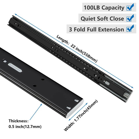 10 Pair Heavy Duty 22 Inch Soft Close Drawer Slides Rock Solid Side Mount Cabinet Rails featuring black metal tracks with dimensions labeled.