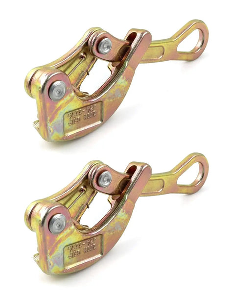 Premium Grade Cable Grip And Wire Puller Set To Fix Slack On Overhead Power Lines Smooth As Butter For Daily Grind 4408 Lbs Capacity Heavy Duty Alloy Build 2 Pack close-up view of cable grips