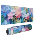 Large Extended Gaming Mouse Pad With Non Slip Rubber Base And Stitched Edges 31.5 X 11.8 Inch Desk Pad For Keyboard And Mouse Floral Oil Flower Pattern Ultra Smooth Glide Office And Gaming Setup featuring floral oil flower pattern, unrolled and rolled views seen.