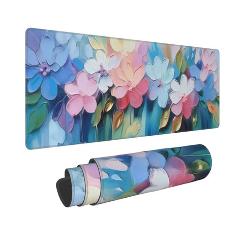 Large Extended Gaming Mouse Pad With Non Slip Rubber Base And Stitched Edges 31.5 X 11.8 Inch Desk Pad For Keyboard And Mouse Floral Oil Flower Pattern Ultra Smooth Glide Office And Gaming Setup featuring floral oil flower pattern, unrolled and rolled views seen.