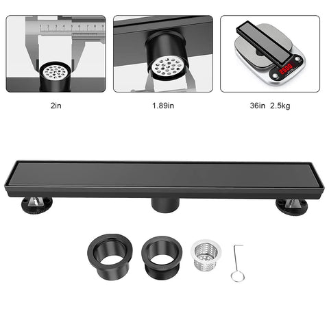 36 Inch Matte Black Linear Shower Drain With Reversible Flat And Tile Insert Cover For Easy Install No Fuss Stainless Steel Rectangle Shower Floor Drain With Hair Catcher And Adjustable Feet detailed view