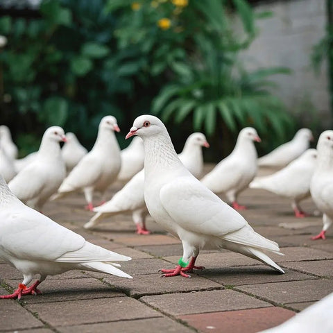 Durable 8mm Pigeon Leg Bands Set of 120, pigeons with small numbered clip-on bird leg bands on a brick path