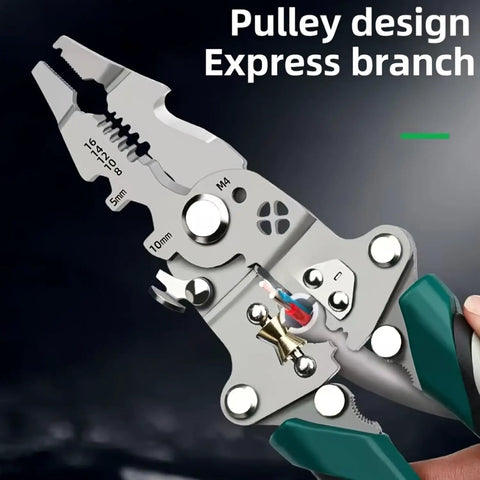 Badass 12 In 1 Foldable Wire Stripper And Cable Cutter Pliers for Tough Job Sites showing a detailed view of the cutting and stripping tools.