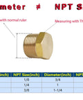 Hex Head Plug Pipe Fitting Set NPT Male Five Pieces Brass Heavy Duty showing NPT size chart and measuring guide