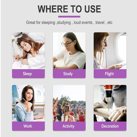 Illustration showing uses for small foam ear plugs, including sleep, study, travel, and work, highlighting versatility.