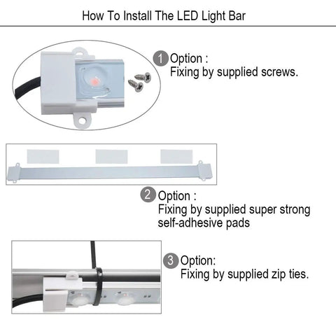 Installation options for 4 Strip Grow Light Kit 36W With Timer For Indoor Plants 16 Inch LED Light Strips with screws, pads, zip ties.