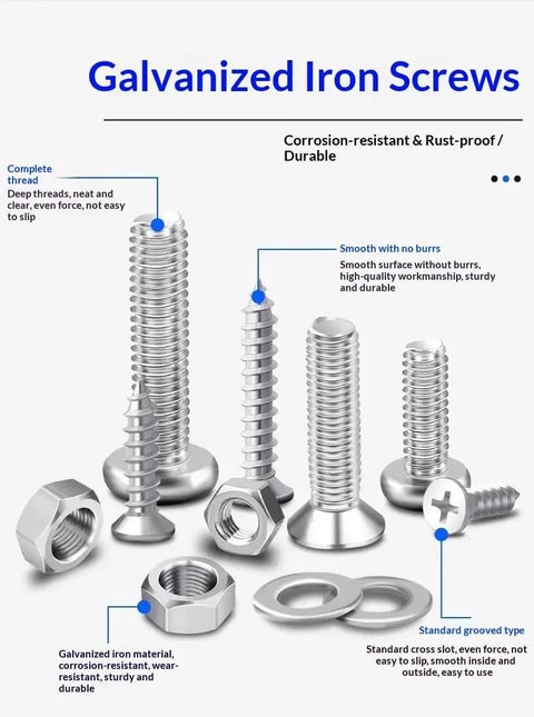 Galvanized Iron Screw And Nut Set Kit With Self Tapping Screws Nuts And Washers In Multiple Sizes Corrosion Resistant Assortment