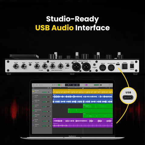 GP-200 Multi Effects Pedal For Guitar And Bass With Amp Modeling IR Loader Expression Pedal USB Audio Interface Looper Drum Machine And Gig Bag Bundle For Live Gigs showcasing USB audio interface connected to a laptop screen displaying audio tracks.