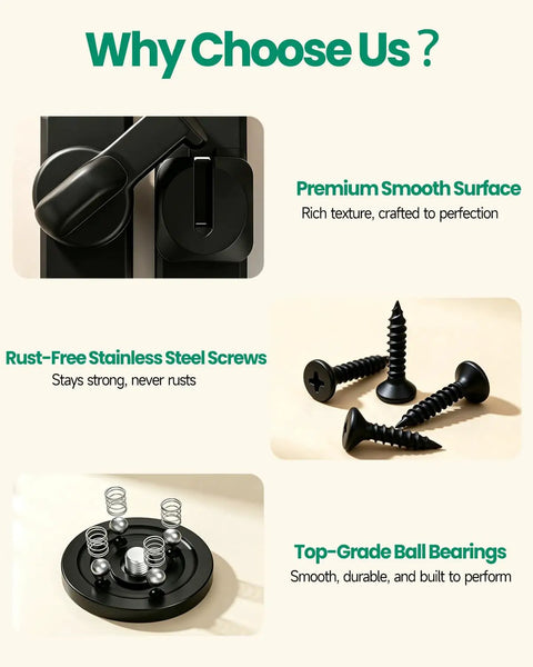 Premium smooth surface components of Barn Door Lock and Latche: 90/180 Degree Barn Door Lock, featuring screws and bearings.