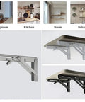 Two Pack Triangle Folding Angle Brackets Heavy Duty Support Adjustable Wall Mounted Shelf Brackets in use in various rooms