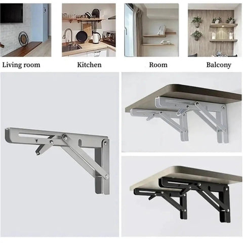 Two Pack Triangle Folding Angle Brackets Heavy Duty Support Adjustable Wall Mounted Shelf Brackets in use in various rooms