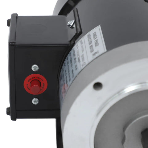Close-up of Half HP Single Phase Electric Motor 1725 RPM TEFC 115 230V Copper Windings Steel Plate Compact Black Unit control panel