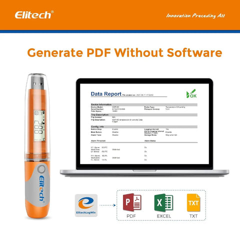 Go-To RC-51H USB Temperature Data Logger Reusable Digital Recorder For Medical Refrigerators And Food Cold Chain, Programmable Thermometer Monitor With 32000 Data Points, High Accuracy, Quick PDF Export Without Software. Orange USB logger with laptop report and PDF/Excel/TXT icons