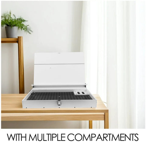 Robust White PVC And Acrylic Model Tool Storage Rack Featuring Multi Compartment Design For Diy Hobbyists Keep Your Painting Brushes And Figures Tight In This Easy Reach Shelf That Cuts The Clutter on a wooden table.