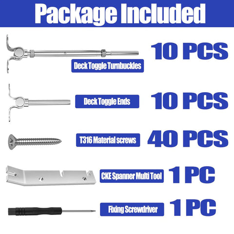 Package includes 10 Pair Cable Railing Kit For Wood Posts With One Eighth Inch Stainless Steel Cable
