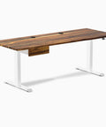 Built Tough Hardwood Sit Stand Desk With Hassle Free Under Desk Drawer And Effortless Height Adjuster For Your Daily Grind Sixty Inch Ergonomic Workstation clean white finish with wooden top.