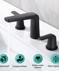 Matte black 8 inch widespread bathroom faucet with two handles, pop up drain, and water supply lines, 3 hole install