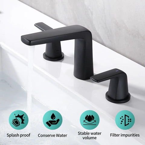 Matte black 8 inch widespread bathroom faucet with two handles, pop up drain, and water supply lines, 3 hole install