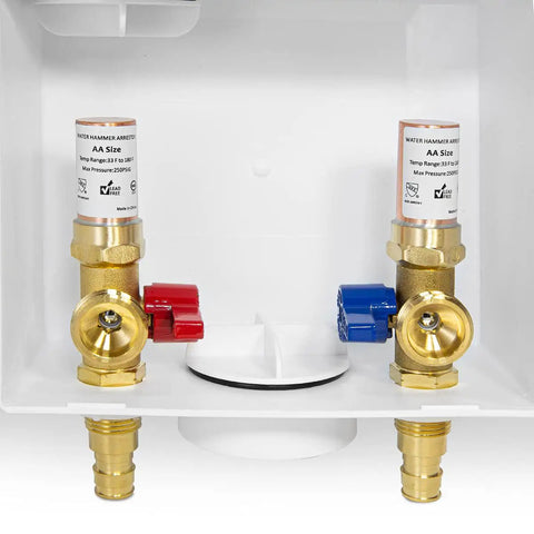 Washer Outlet Box DIY Ready With One Half Inch PexA Expansion Inlet And Three Quarter Inch MHT Outlet Copper Water Hammer Arrestor