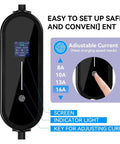 Road Ready Portable EV Charger With 3.5Kw 16A Type 1 J1772 Plug And Play Evse Unit showing adjustable current settings on screen.