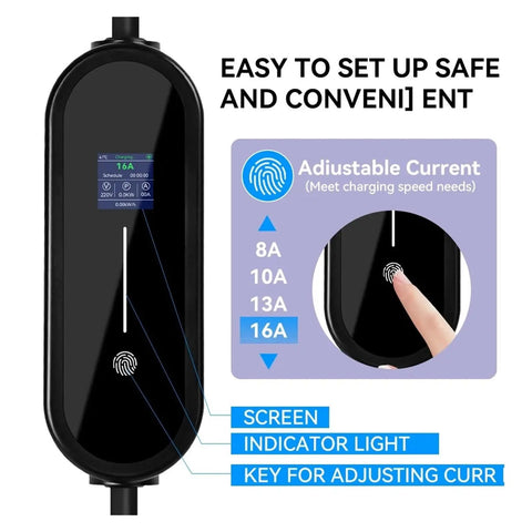 Road Ready Portable EV Charger With 3.5Kw 16A Type 1 J1772 Plug And Play Evse Unit showing adjustable current settings on screen.