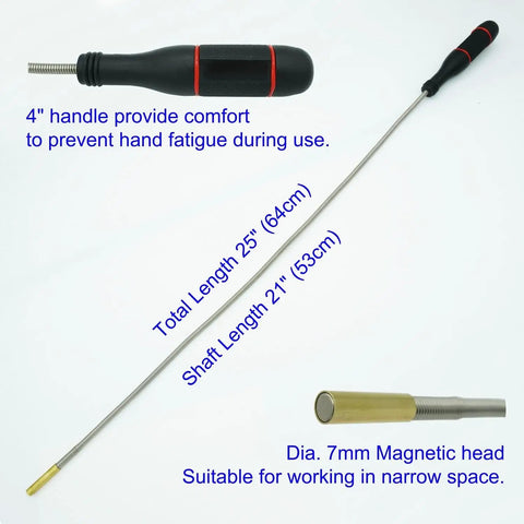 Magnetic Pickup Tool Set Pack Of Two With A Flexible 2 Pound Magnet showing flexible shaft and comfort handle for narrow spaces.