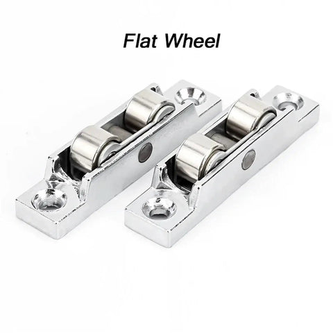 Heavy Duty Zinc Alloy Push Pull Window Pulley With Dual Wheel Assembly showing two flat silver wheels for sliding door use.