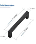 Sleek Black Cabinet Pulls 5 Inch Square Drawer Handles 128mm Hole Centers 2 Pack For Kitchen Cabinets And Closets, Dimensions View