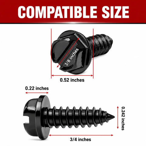 Heavy Duty License Plate Screws With Rustproof Finish Black Stainless Steel Bolt Kit compatible sizes shown on detailed image.