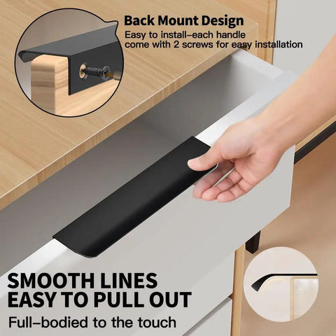 Five Pack Black Hidden Drawer Cabinet Handles Aluminum Alloy Arc Edge Pull Back Mount Concealed Furniture Hardware For Dresser Kitchen 300mm 11.8 Inch with back mount design installed on drawer