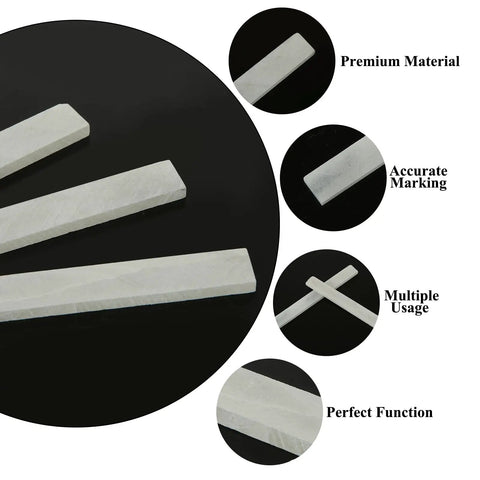 Close-up of 54 Piece Soapstone Pencil Set white flat tipped marking pencils for welding and textile projects, shown in various angles.