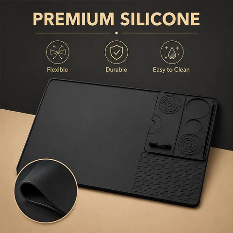 Straight Fire Premium Silicone Coffee Drip Mat With Built In Tamping Station, Non Slip Overflow Shield For Oster Perfect Brew, Heavy Duty Barista Counter Organizer And Quick Drainage Tray, Black with flexible edges.