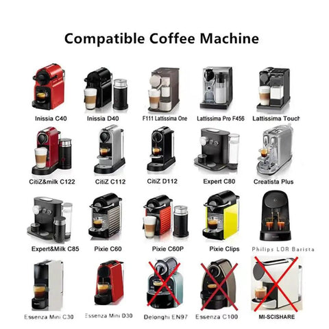 Various Nespresso OriginalLine compatible coffee machines displayed to show compatibility with OriginalLine Compatible Reusable Coffee Pods Set With Stainless Steel Capsules Six Pods Plus 100 Lids And Storage Board For Easy Fill And No Mess Brews Eco Friendly Espresso Pods.