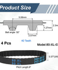 Diagram of 80XL Timing Belts Set Of 4, 0.37 Inch Wide 0.20 Inch Pitch, 40-Tooth Cogged Rubber Belts With Fiberglass Cord. Model 80-XL-037