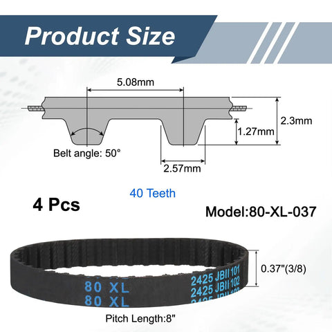 Diagram of 80XL Timing Belts Set Of 4, 0.37 Inch Wide 0.20 Inch Pitch, 40-Tooth Cogged Rubber Belts With Fiberglass Cord. Model 80-XL-037