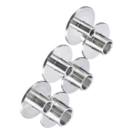 Built Like A Tank Router Guide Bushing Template Set Six Piece Heat Treated Stainless Steel bushings on a white background.