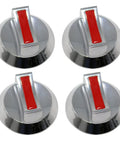 Universal Gas Stove Control Knob Set With Four Stem Adapters For Propane And Natural Gas, silver knobs with red accents.